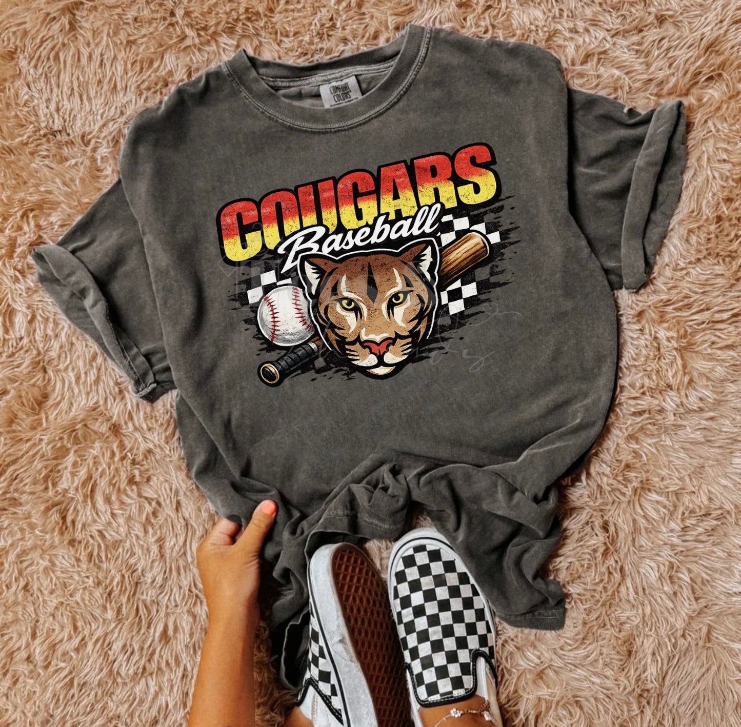 Cougars Baseball Checkered Mascot Tee