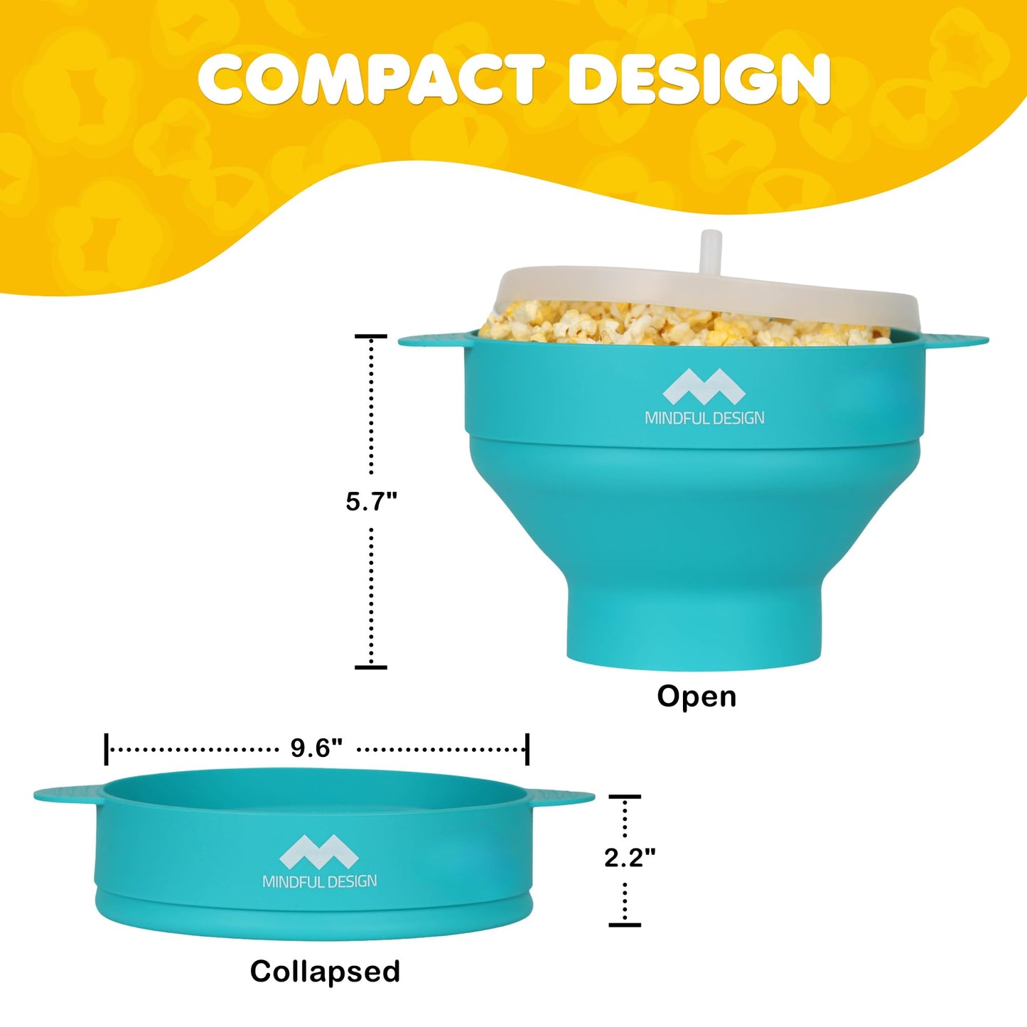 The Original Mindful Design Microwave Popcorn Popper - Silicone Bowl, BPA-Free & Dishwasher Safe (Cyan)