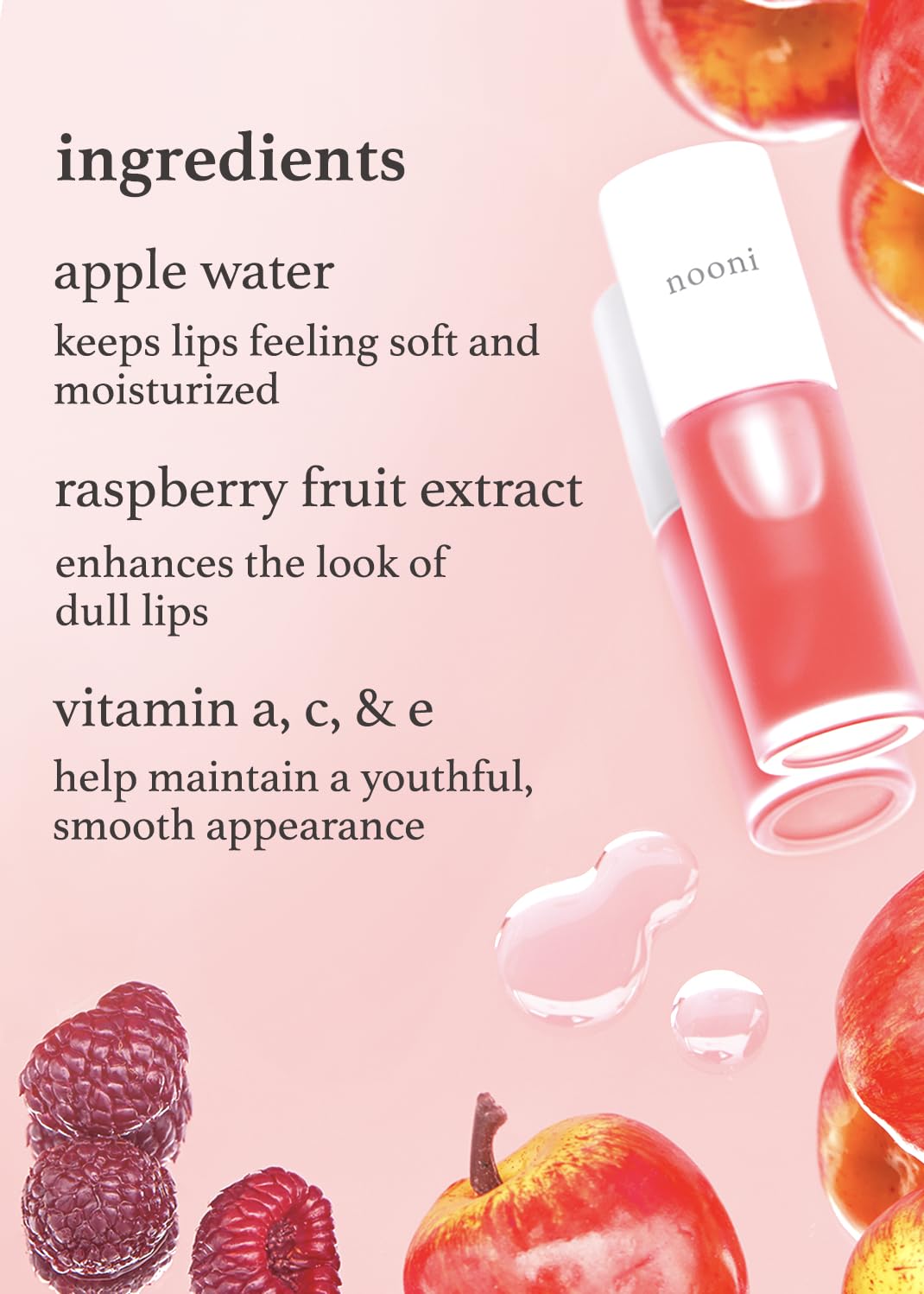 NOONI Korean Vegan Lip Oil - Appleginseng | Lip Stain, Gift, Long-Lasting, Moisturizing, Plumping, Revitalizing for Dry Lips, Waterproof, No Peel Off, Korean Lip Tint 0.12 Fl Oz