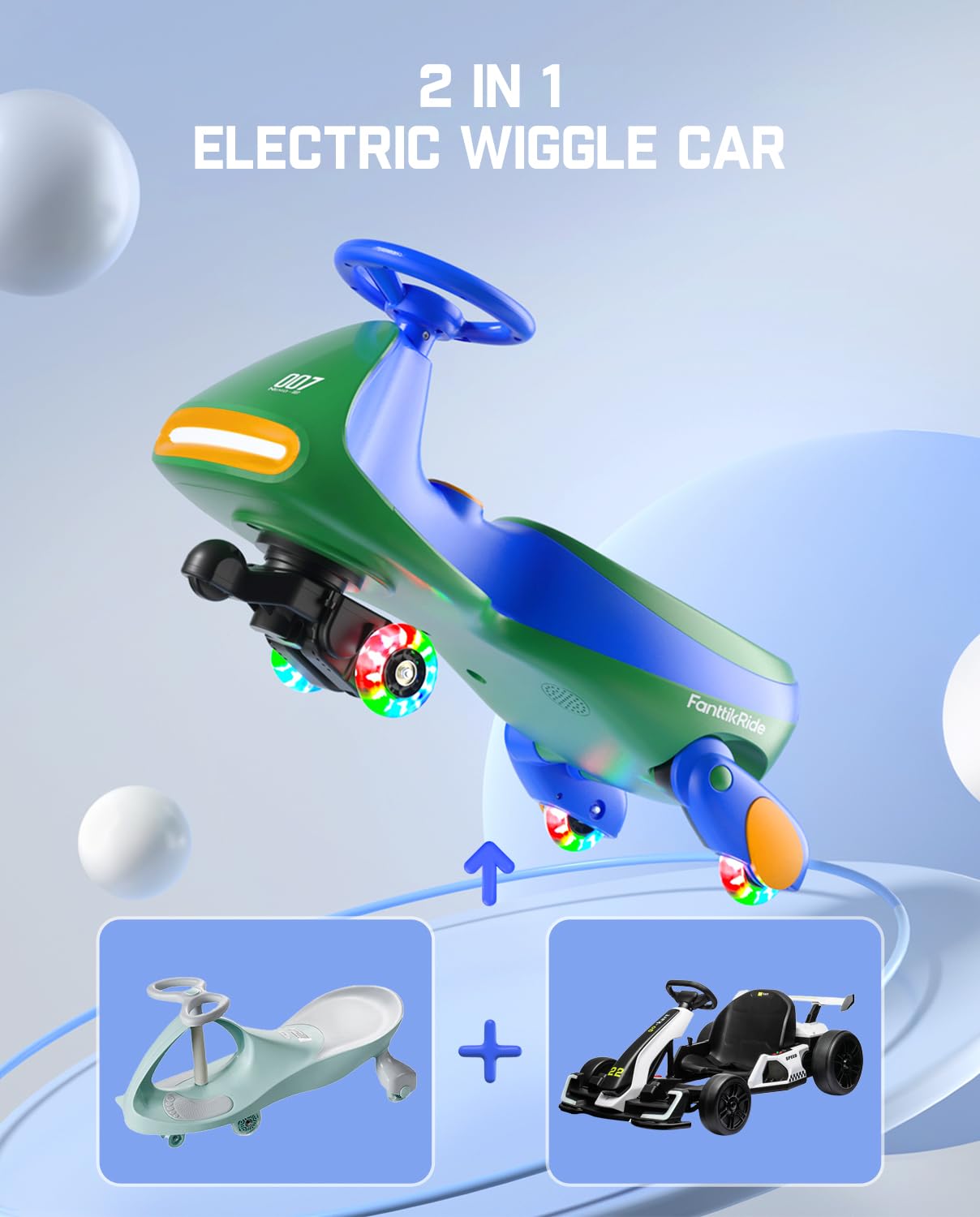 FanttikRide 12V N7 Pro Electric Wiggle Car with Pedal, Rechargeable Battery, 2 in 1 Swing Car, 2 Speed Ride On Toy, Anti-Rollover, Flashing Wheels, Bluetooth, for Ages 3 and Up, 150 Lbs, Blue