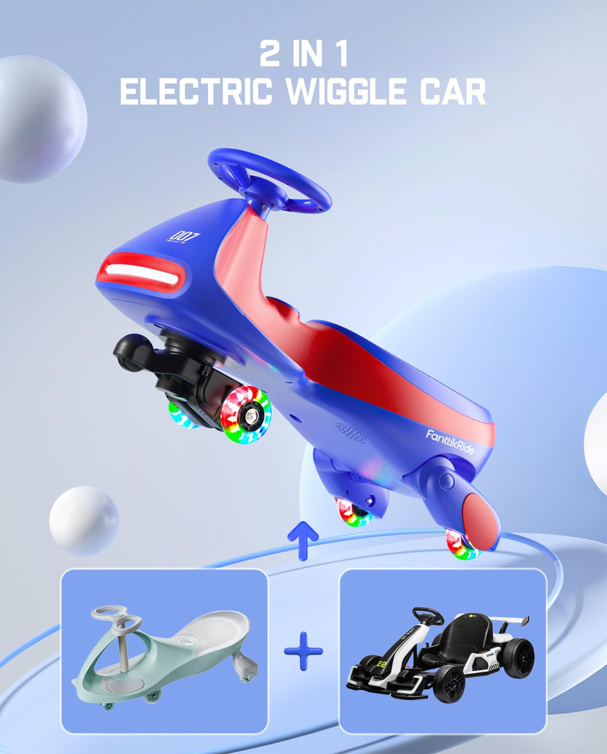 FanttikRide 12V N7 Pro Electric Wiggle Car with Pedal, Rechargeable Battery, 2 in 1 Swing Car, 2 Speed Ride On Toy, Anti-Rollover, Flashing Wheels, Bluetooth, for Ages 3 and Up, 150 Lbs, Blue