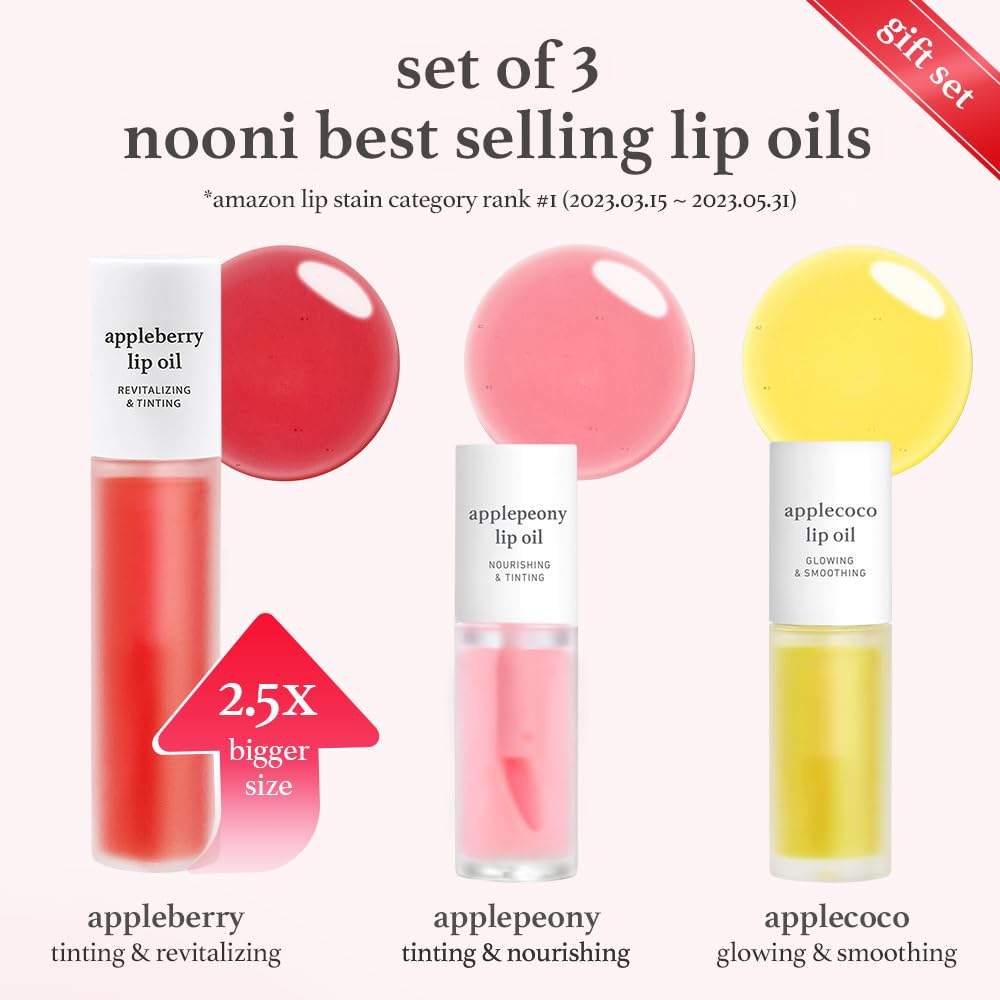 NOONI Korean Vegan Lip Oil - Appleginseng | Lip Stain, Gift, Long-Lasting, Moisturizing, Plumping, Revitalizing for Dry Lips, Waterproof, No Peel Off, Korean Lip Tint 0.12 Fl Oz