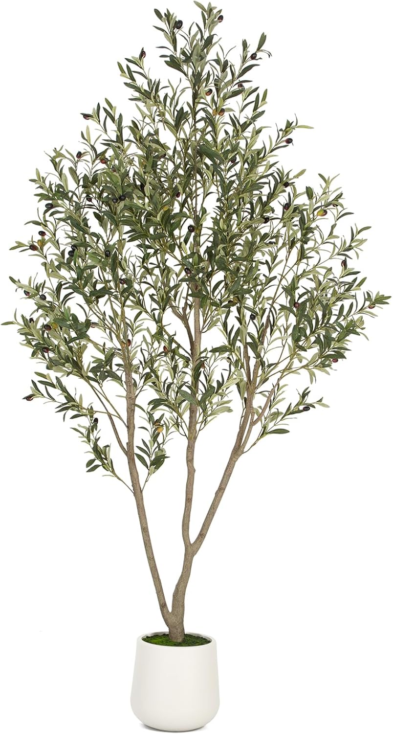 Olive Trees Artificial Indoor, 7FT Tall Faux Olive Tree with White Tall Planter, Artificial Plants with Natural Wood Trunk and Lifelike Fruits for Home Office Decor