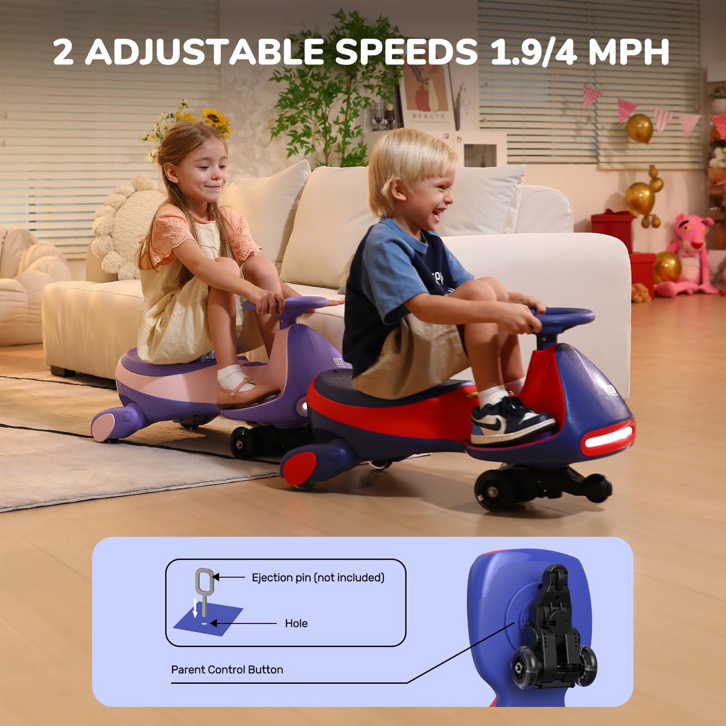 FanttikRide 12V N7 Pro Electric Wiggle Car with Pedal, Rechargeable Battery, 2 in 1 Swing Car, 2 Speed Ride On Toy, Anti-Rollover, Flashing Wheels, Bluetooth, for Ages 3 and Up, 150 Lbs, Blue