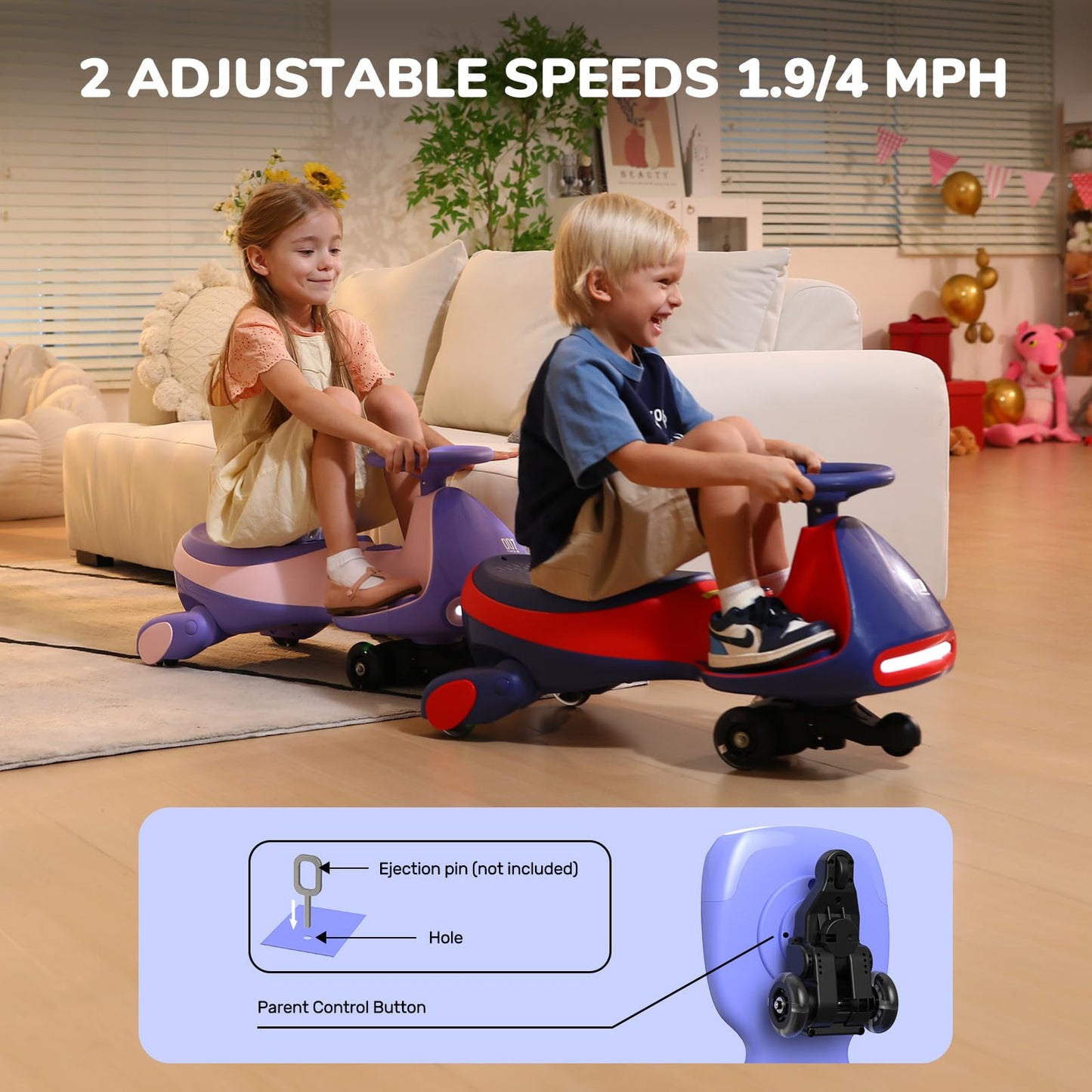 FanttikRide 12V N7 Pro Electric Wiggle Car with Pedal, Rechargeable Battery, 2 in 1 Swing Car, 2 Speed Ride On Toy, Anti-Rollover, Flashing Wheels, Bluetooth, for Ages 3 and Up, 150 Lbs, Blue