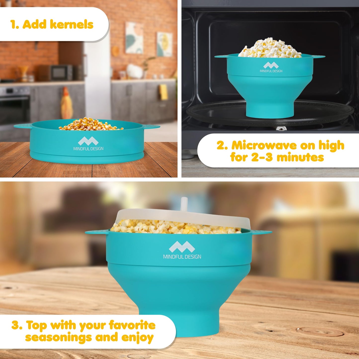 The Original Mindful Design Microwave Popcorn Popper - Silicone Bowl, BPA-Free & Dishwasher Safe (Cyan)