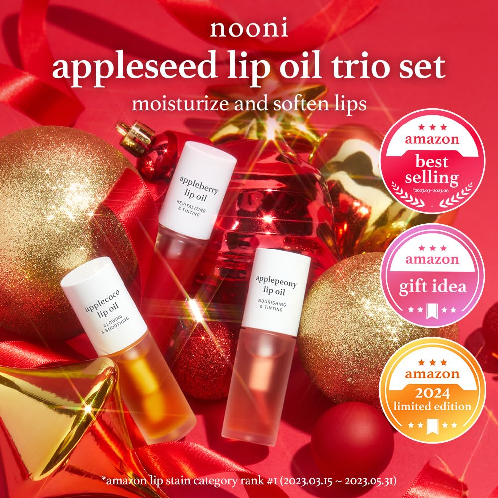 NOONI Korean Vegan Lip Oil - Appleginseng | Lip Stain, Gift, Long-Lasting, Moisturizing, Plumping, Revitalizing for Dry Lips, Waterproof, No Peel Off, Korean Lip Tint 0.12 Fl Oz