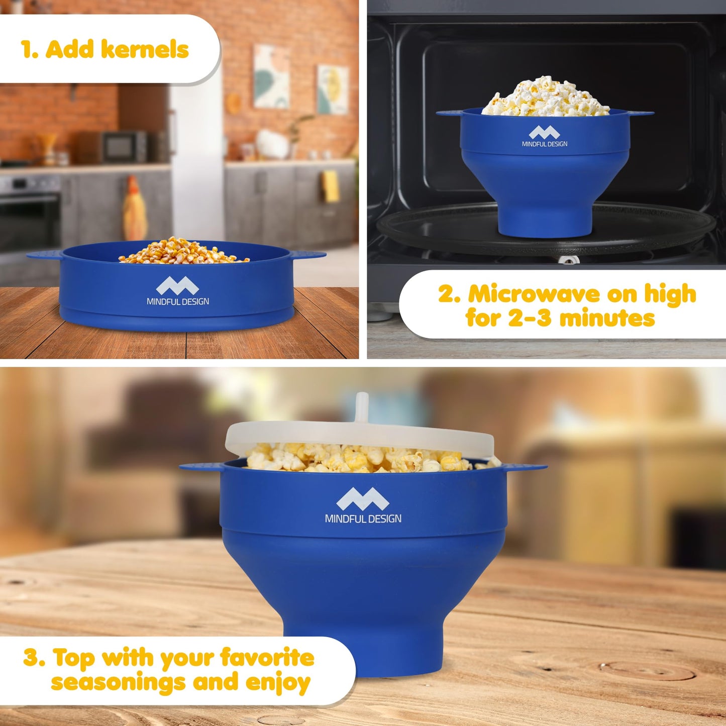 The Original Mindful Design Microwave Popcorn Popper - Silicone Bowl, BPA-Free & Dishwasher Safe (Cyan)