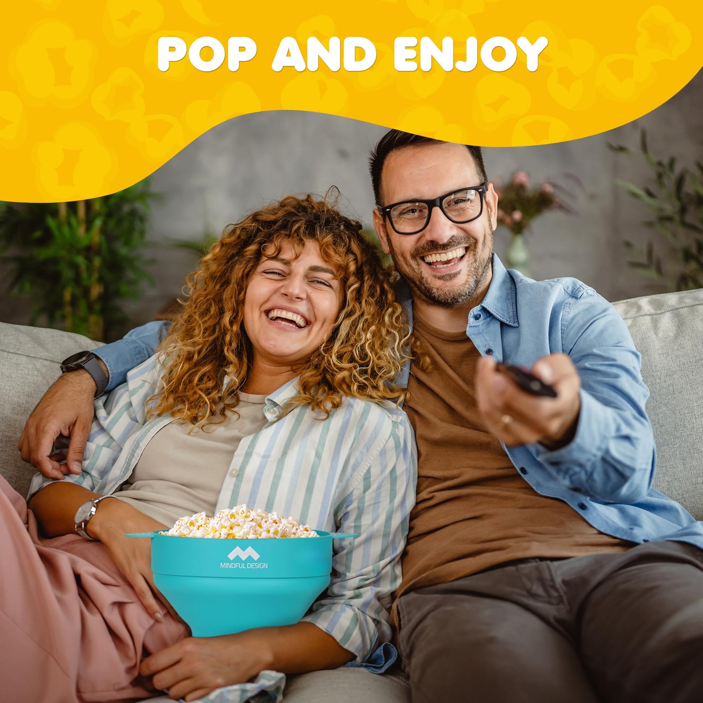 The Original Mindful Design Microwave Popcorn Popper - Silicone Bowl, BPA-Free & Dishwasher Safe (Cyan)