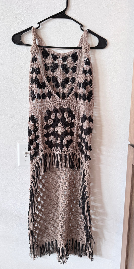 Boho Crochet Swim Cover Up with Fringe | Granny Square Beach Dress