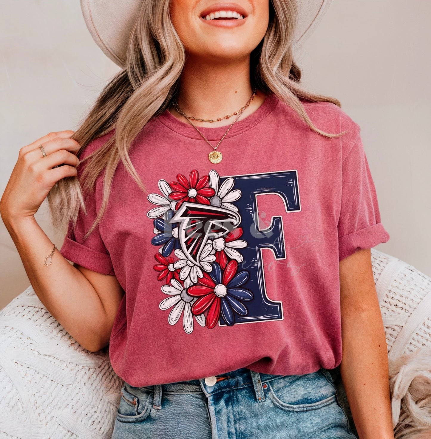 Falcons Floral Letter Tee – Red & Navy School Spirit Shirt