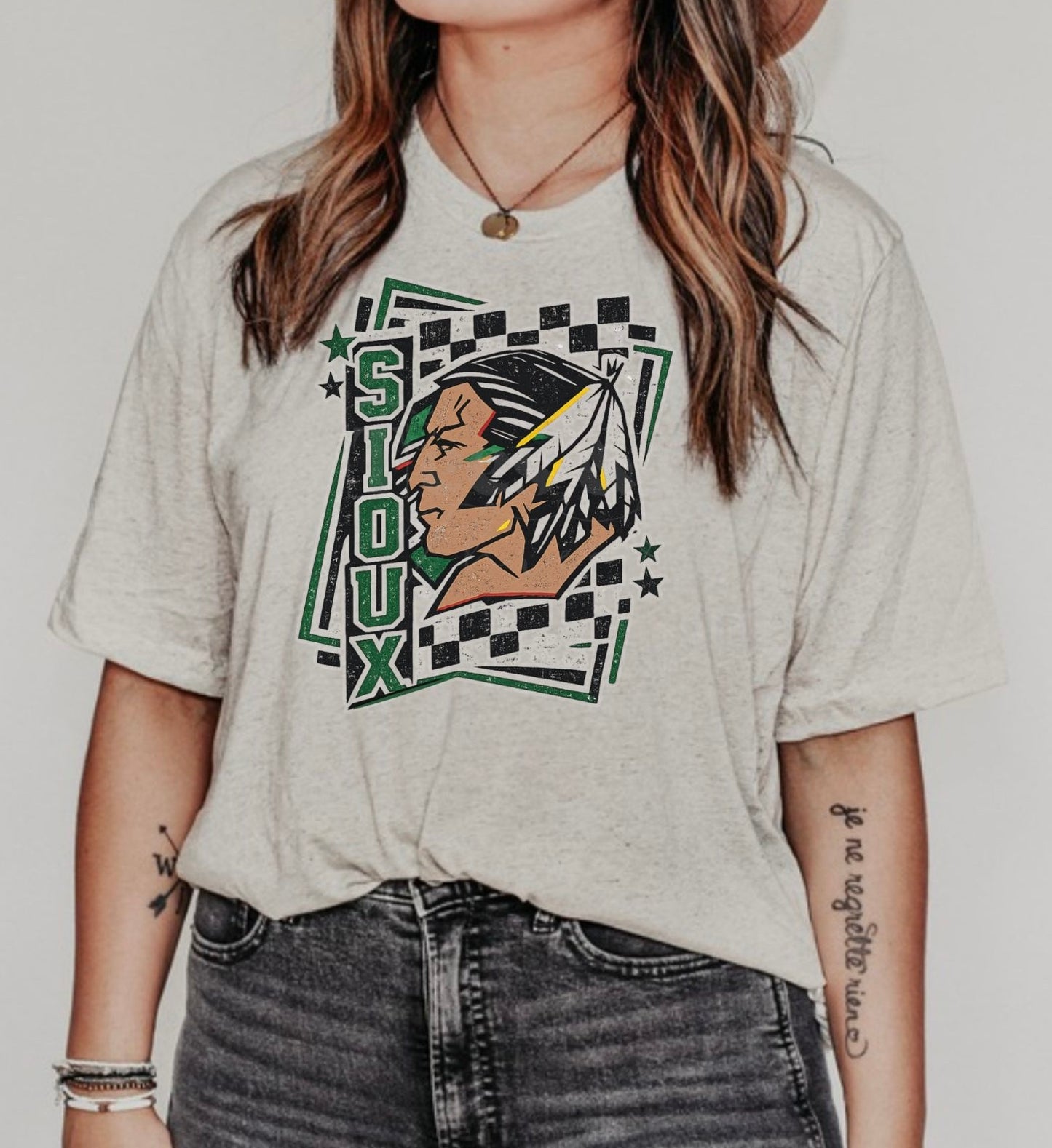 Vintage Sioux Mascot Tee – Retro North Dakota Checkered Spirit Graphic